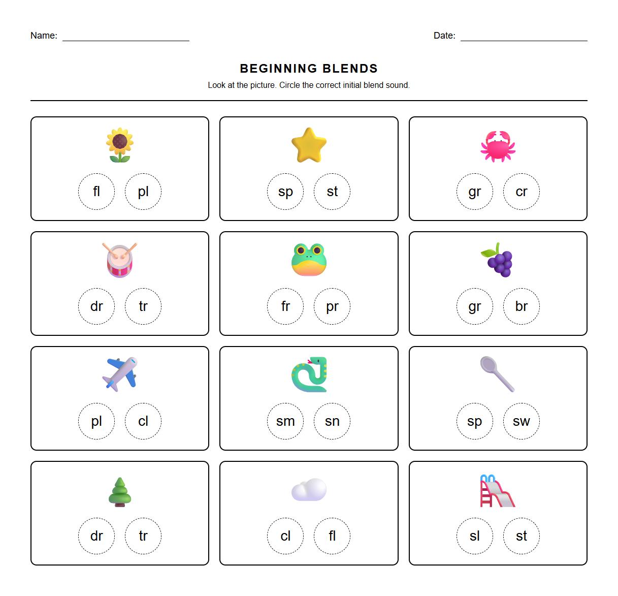 Alphabet initial blend identification worksheet