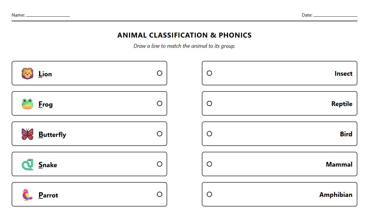 Animal Classification Phonics Matching Worksheet