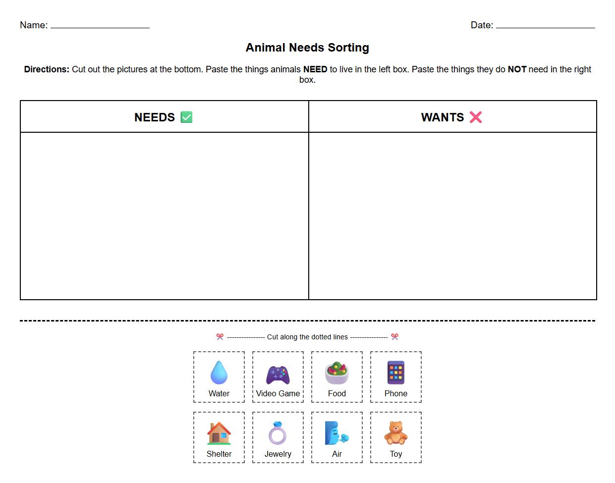 Animal Needs Sorting Worksheet using Cut and Paste