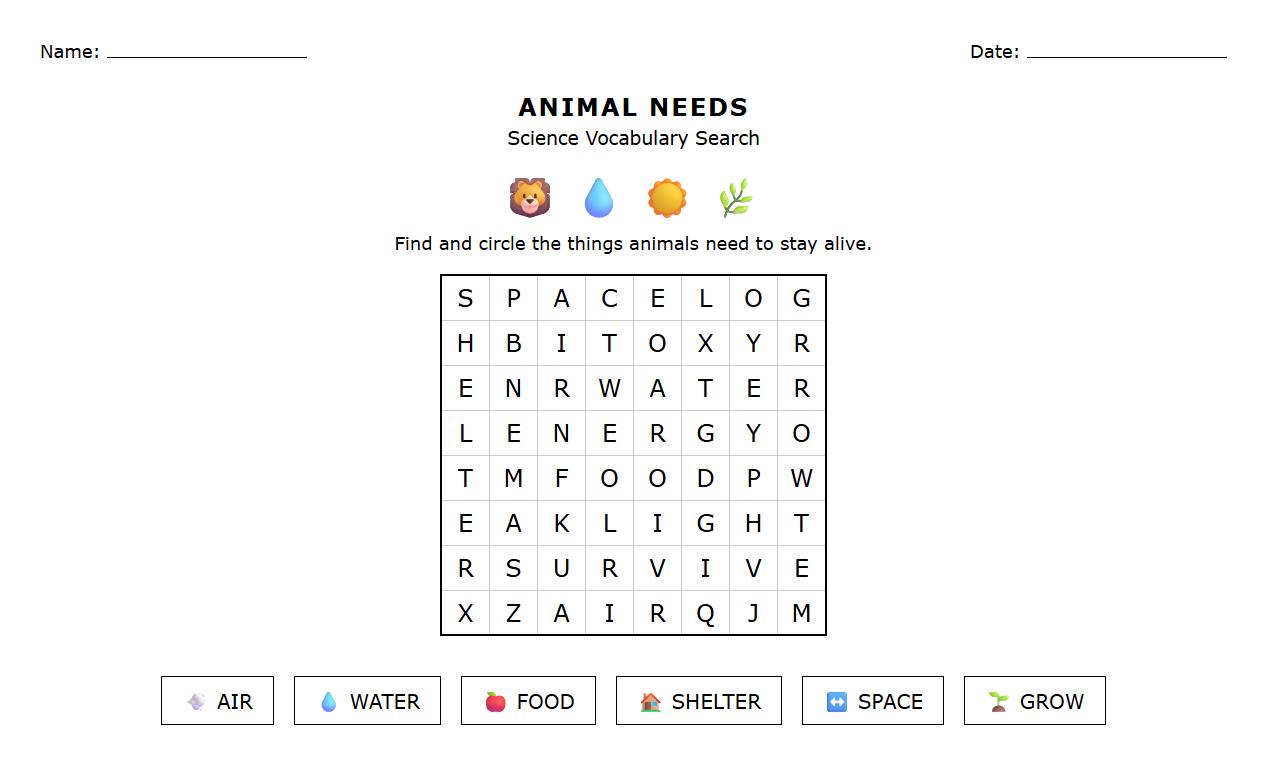 Animal Needs Word Search with Technical Terms