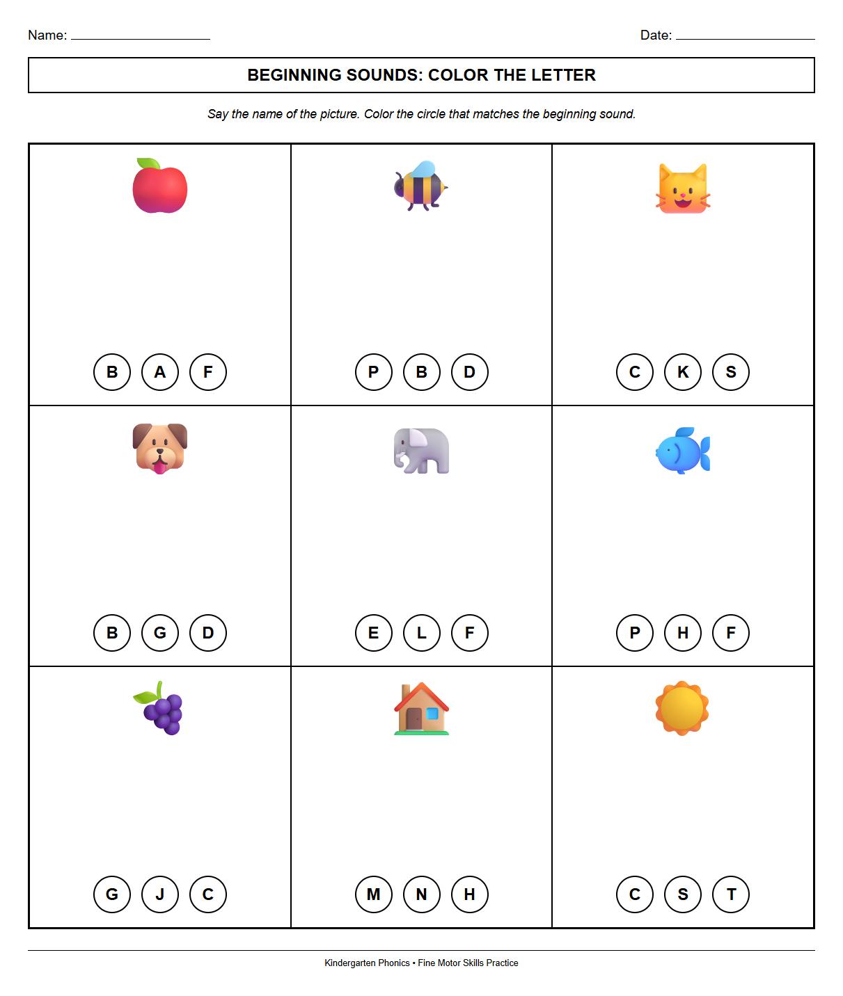 Beginning Consonant Sounds Color Blending Sheet