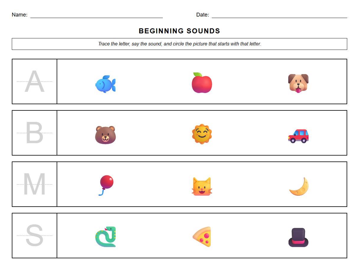 Beginning Phoneme Tracing Worksheet