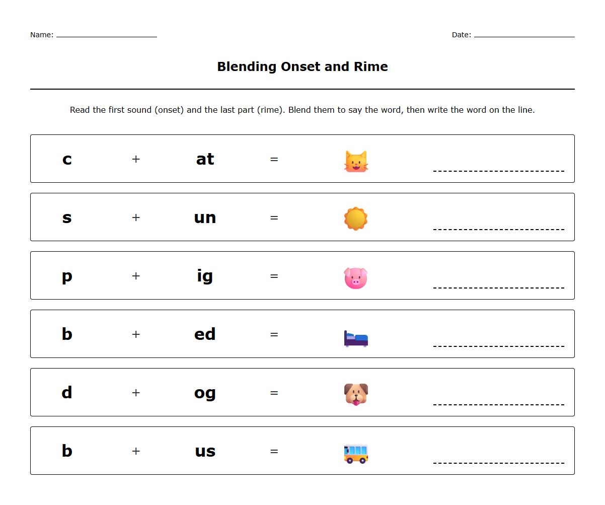 Blending Onset and Rime Worksheet