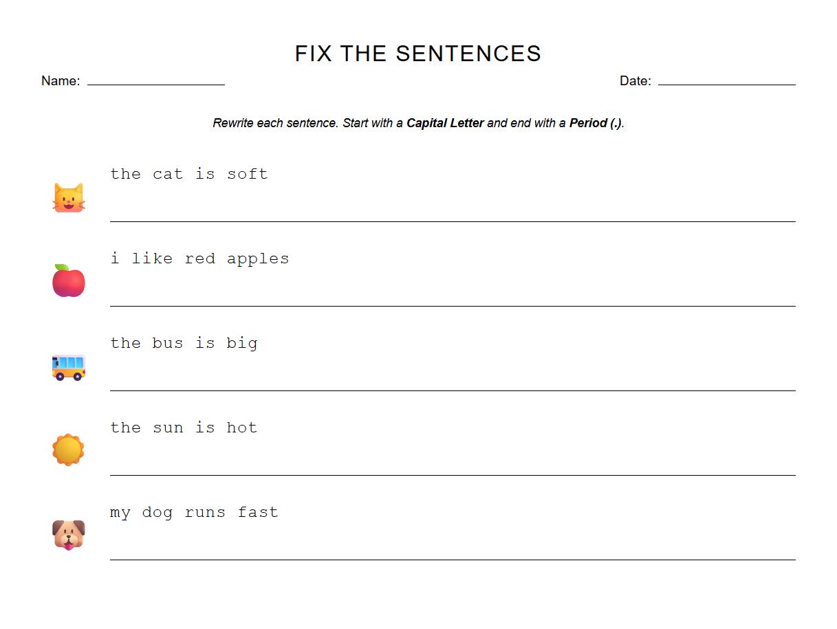 Capitalization and Punctuation practice worksheets