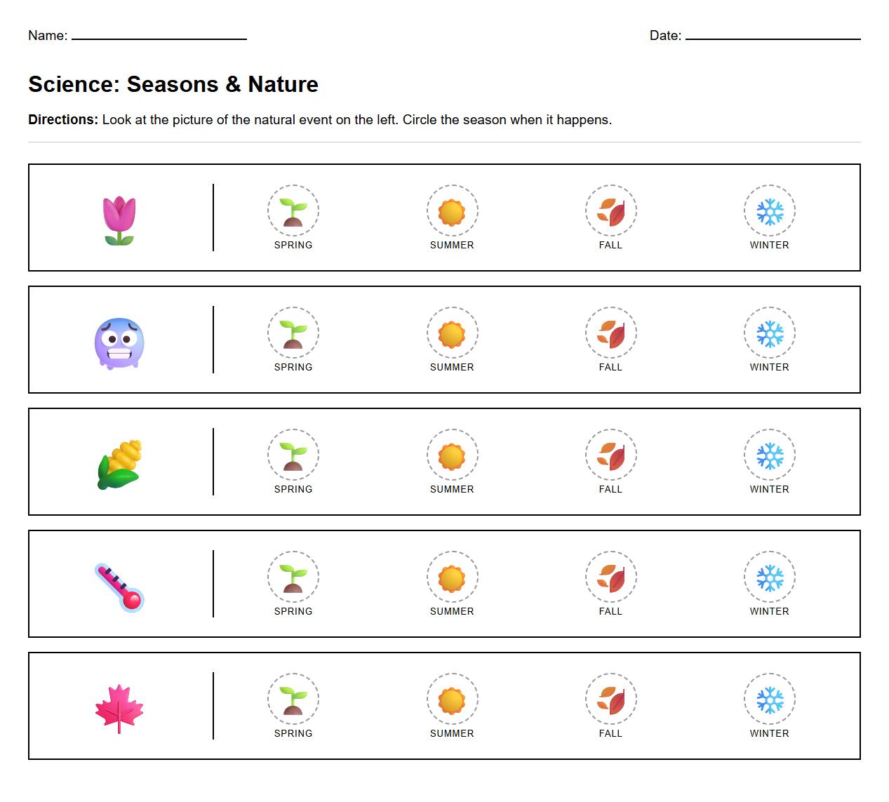 Circle the Correct Season Worksheet Highlighting Natural Events and Phenomena