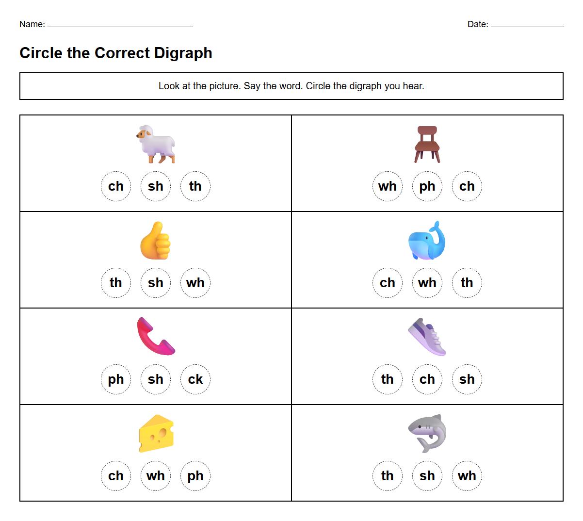 Circle the Digraph Worksheet for Kindergarten Phonics