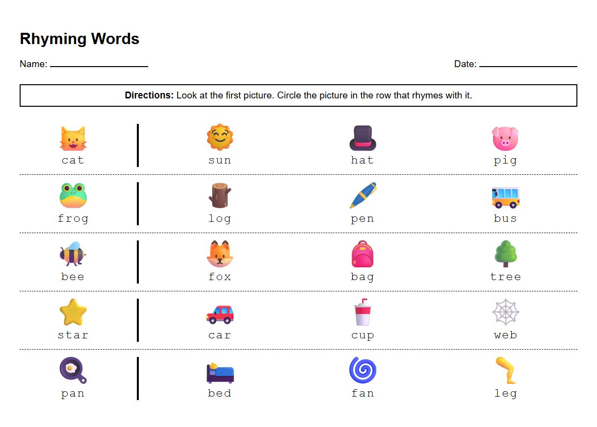 Circle the Rhyming Word Worksheet for Onset and Rime Practice