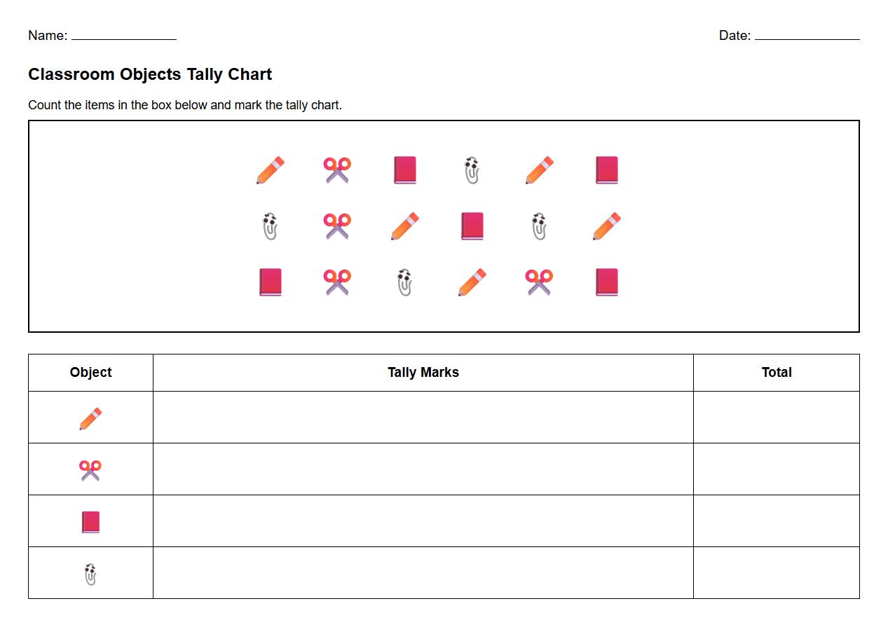 Classroom Objects Tally Chart Practice Page