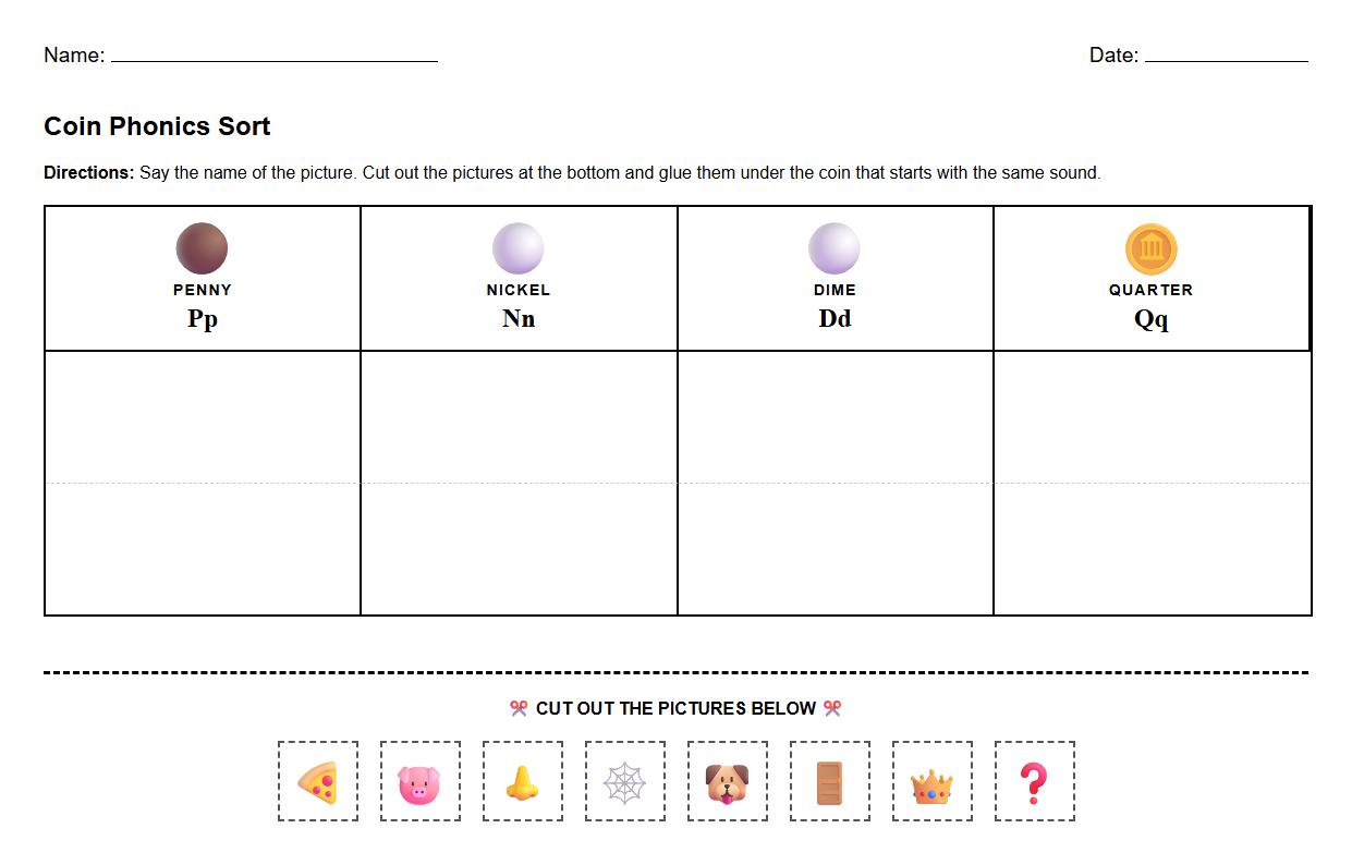 Coin Name and Phonics Initial Sound Sort