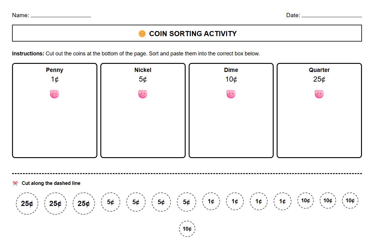 Coin Sorting Cut and Paste using fine motor and categorization