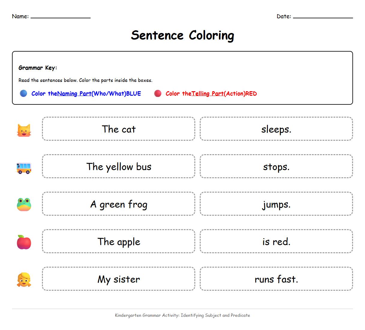Color Coding Parts of Simple Sentences for Grammar Recognition