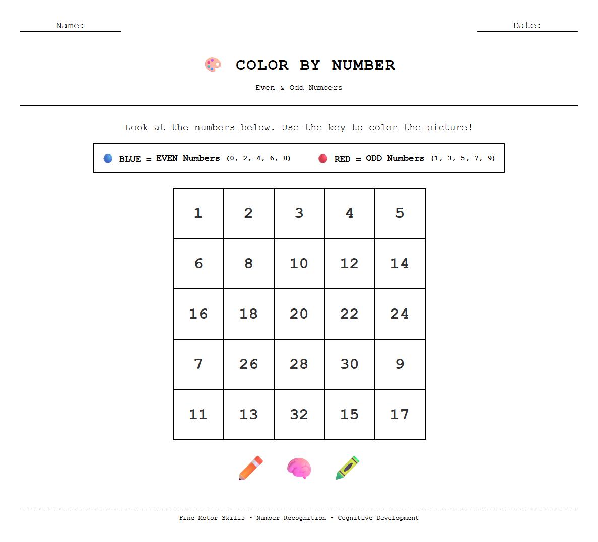 Color by Number Worksheet focusing on Even and Odd Numbers