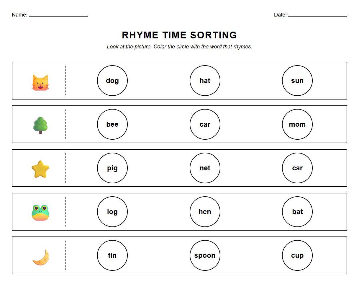 Color the Word that Rhymes Phonics Sorting Sheet