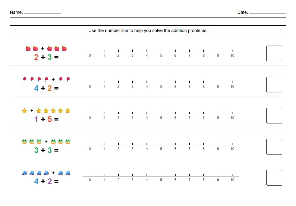 Colorful Number Line Addition Worksheet with Visual Cues