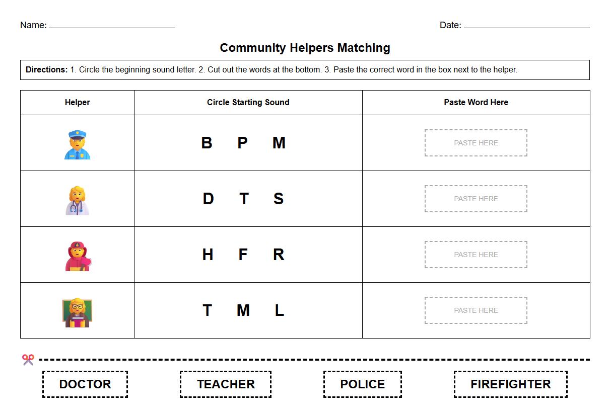 Community Helpers Matching Phonics Worksheet with Scissors Practice
