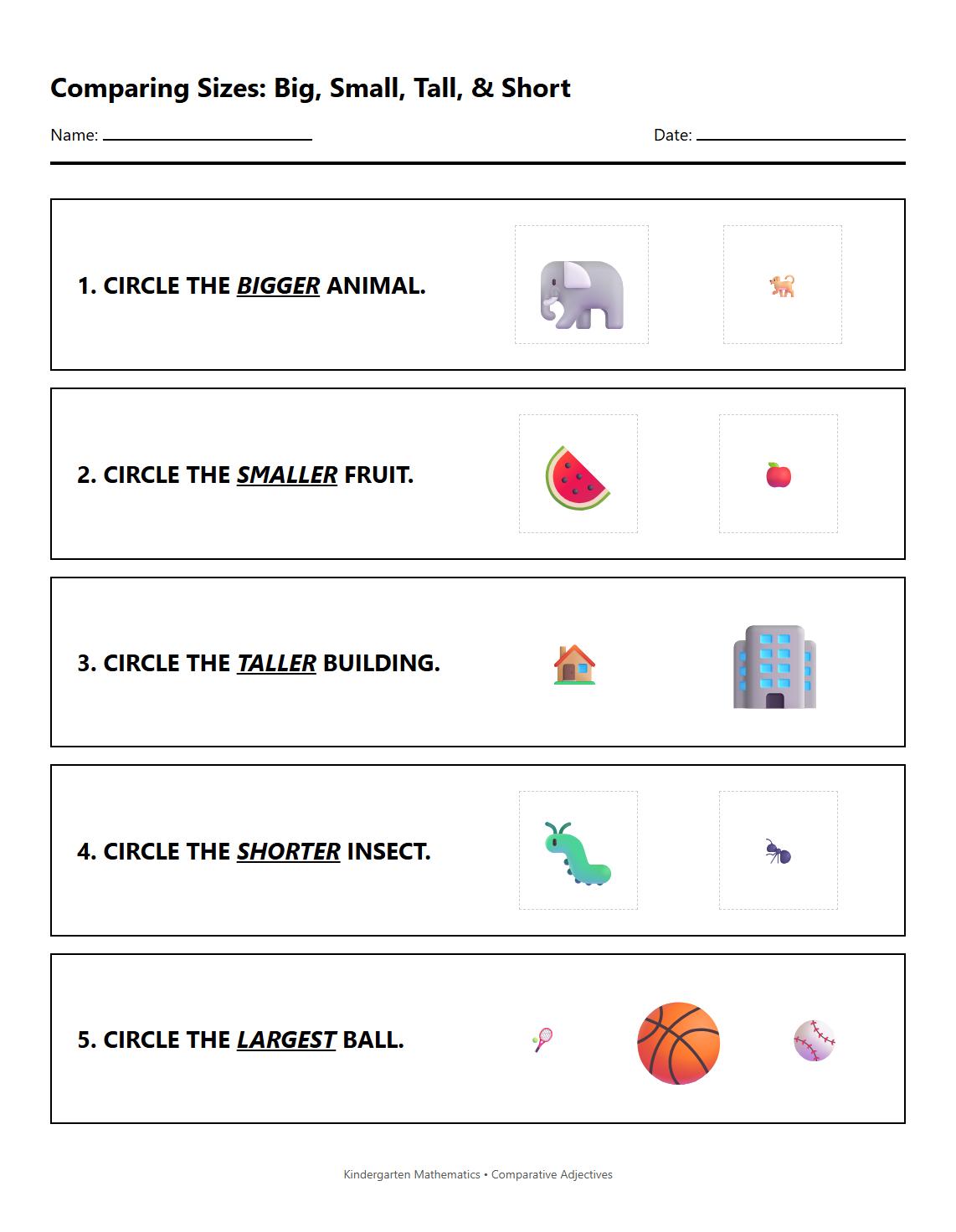 Comparative Adjectives for Size Worksheet