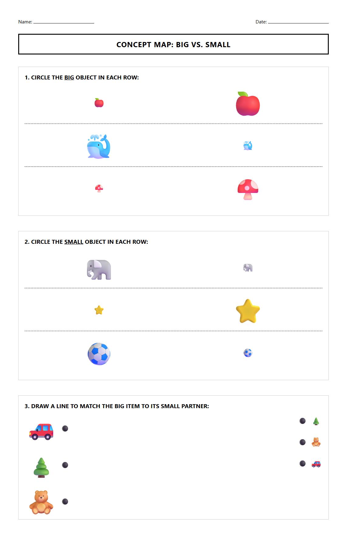 Concept Mapping Worksheet for Big Versus Small Recognition