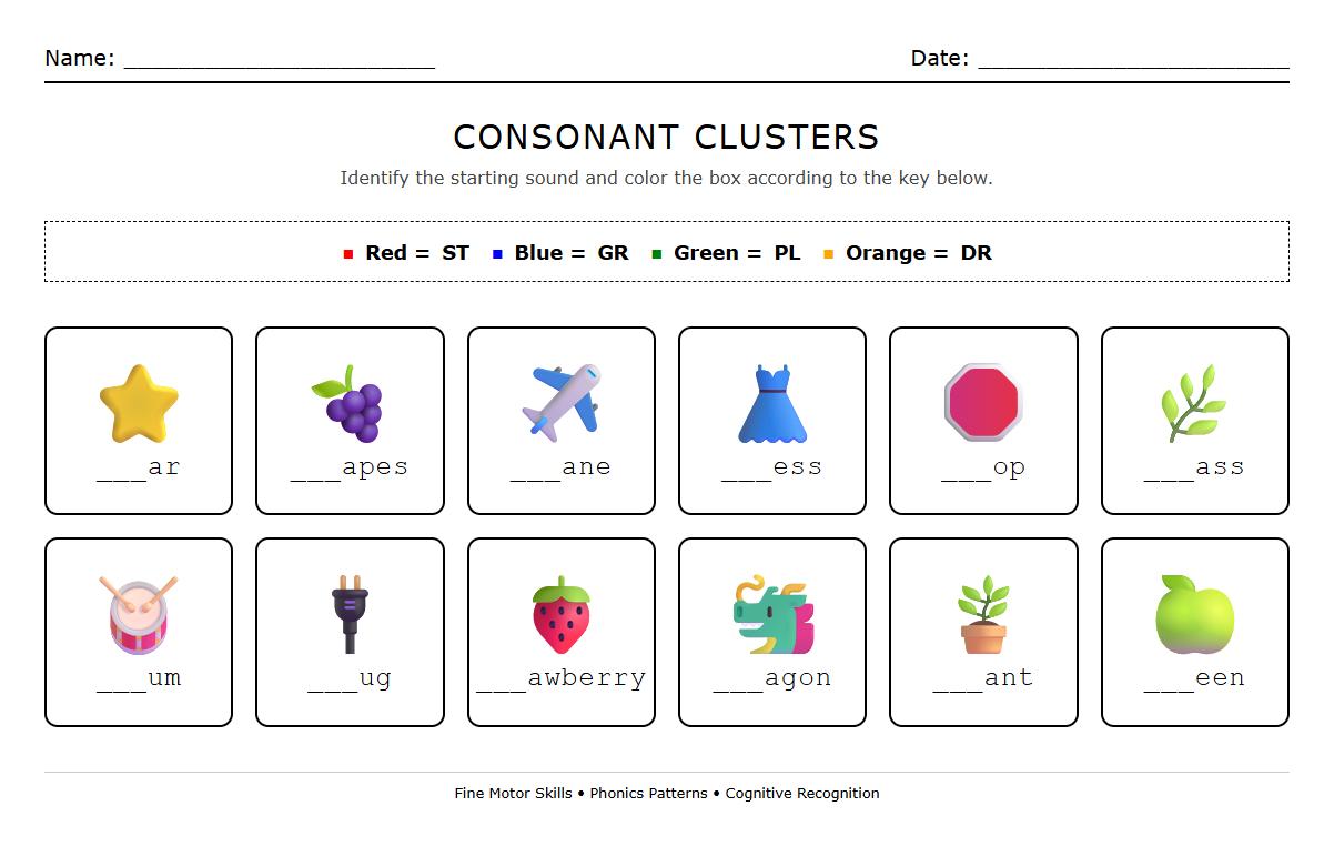 Consonant Cluster Pattern Color Coding Worksheet