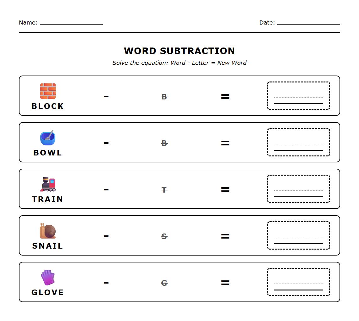 Consonant Cluster Subtraction Word Builder Worksheet