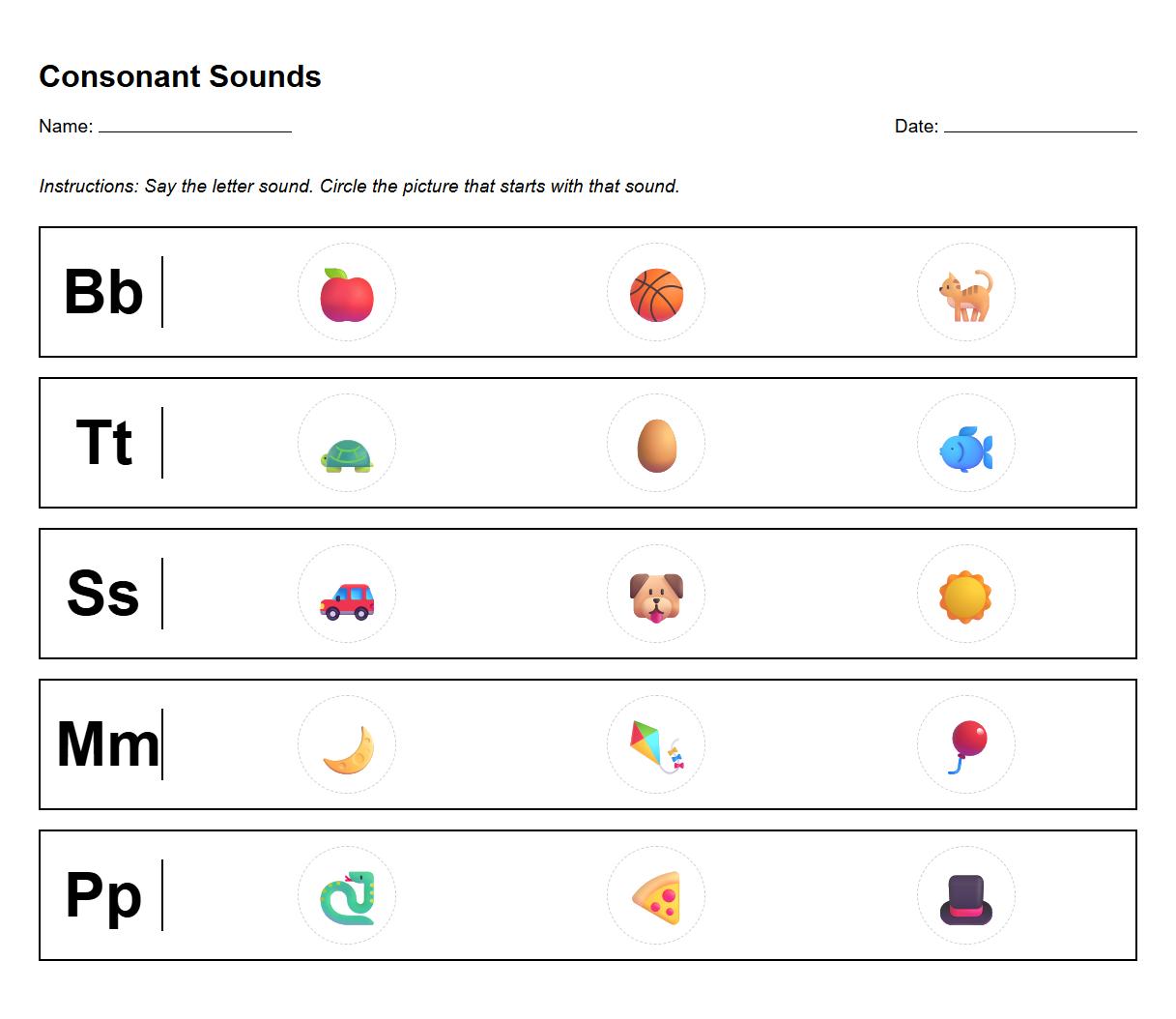 Consonant Sound Recognition Practice Sheet