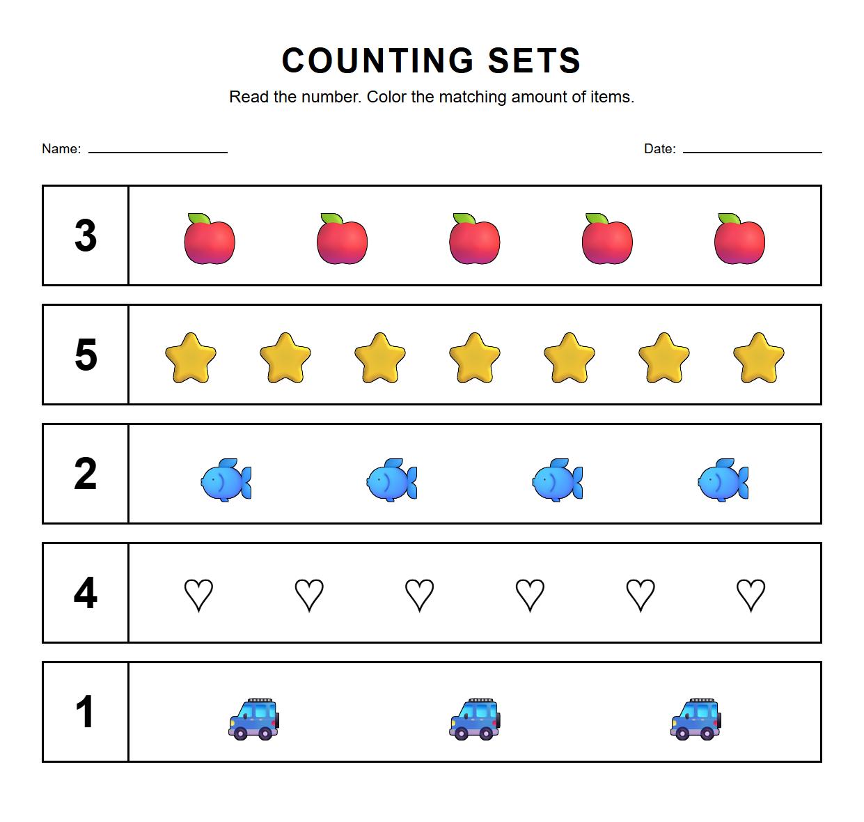 Counting and coloring sets worksheet