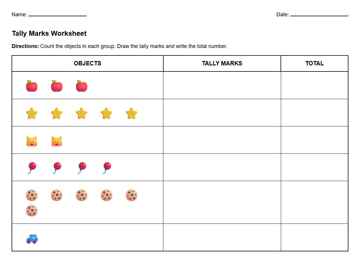 Create Tally Marks for Given Object Groups Worksheet