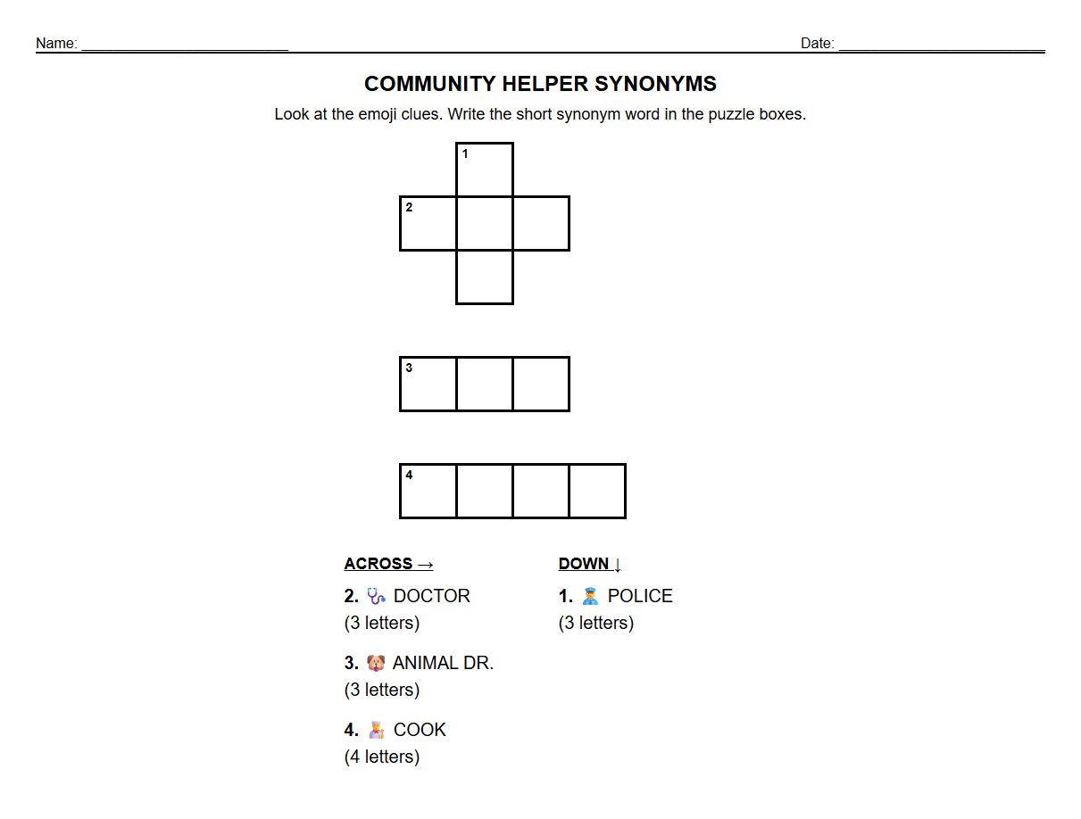 Crossword Puzzle for Community Helpers Using Matching Synonyms