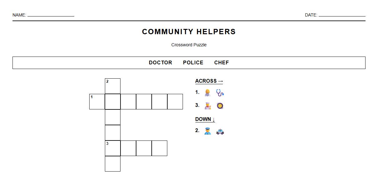 Crossword Puzzle with Community Helpers Vocabulary Focus