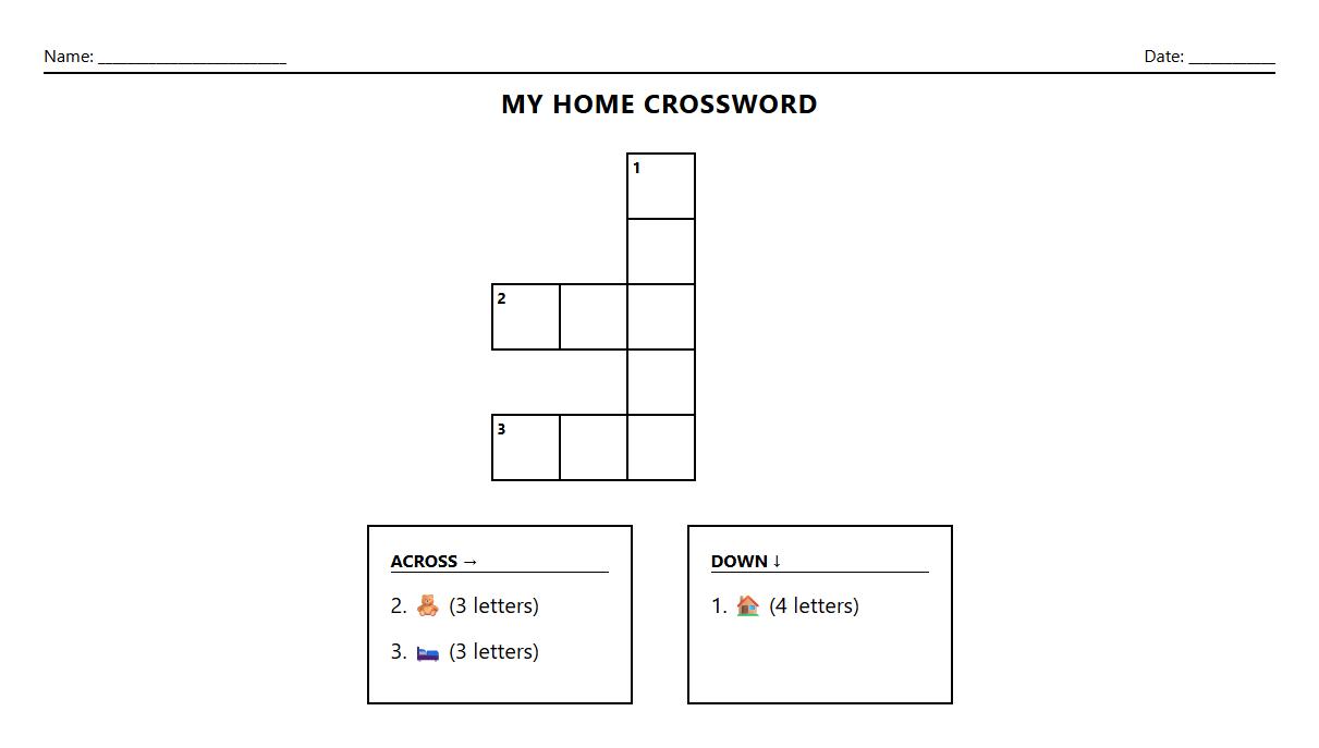 Crossword Puzzle Focusing on Home Vocabulary Terms