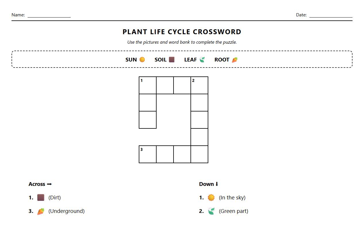 Crossword puzzle integrating plant life cycle and word families