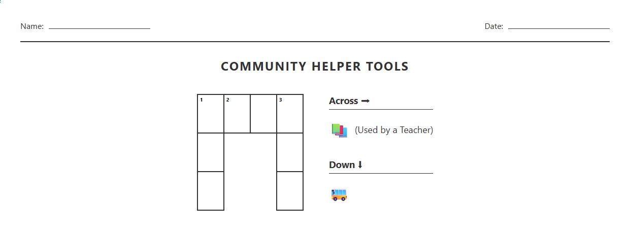 Crossword Worksheet Centered on Community Helper Tools Vocabulary