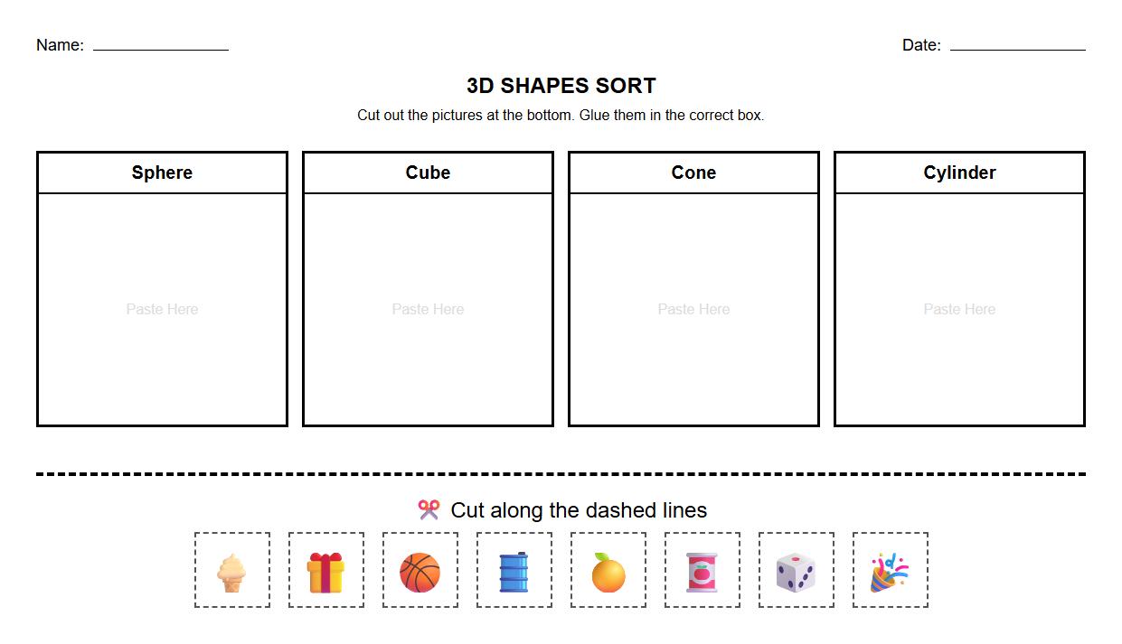 Cut and Paste 3D Shapes Identification Worksheet