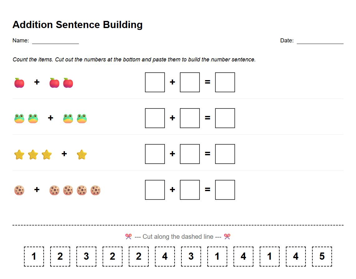 Cut and Paste Addition Sentence Building Worksheet