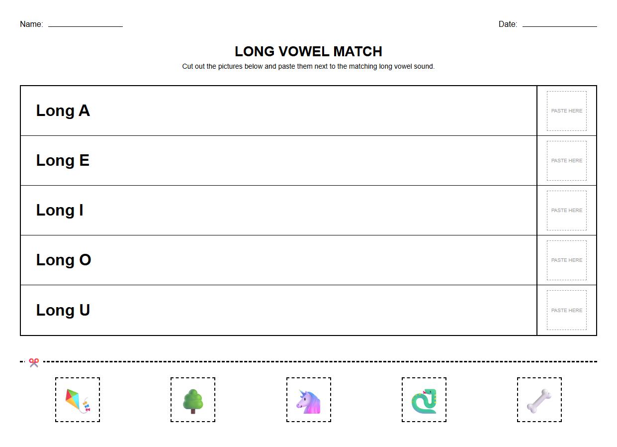 Cut and Paste Long Vowel Matching Phonics Worksheet