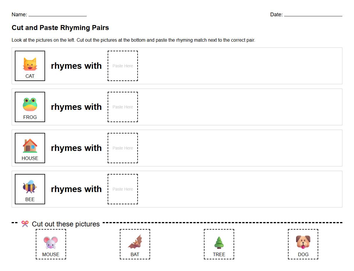 Cut and Paste Rhyming Pairs Worksheet for Early Literacy Skills