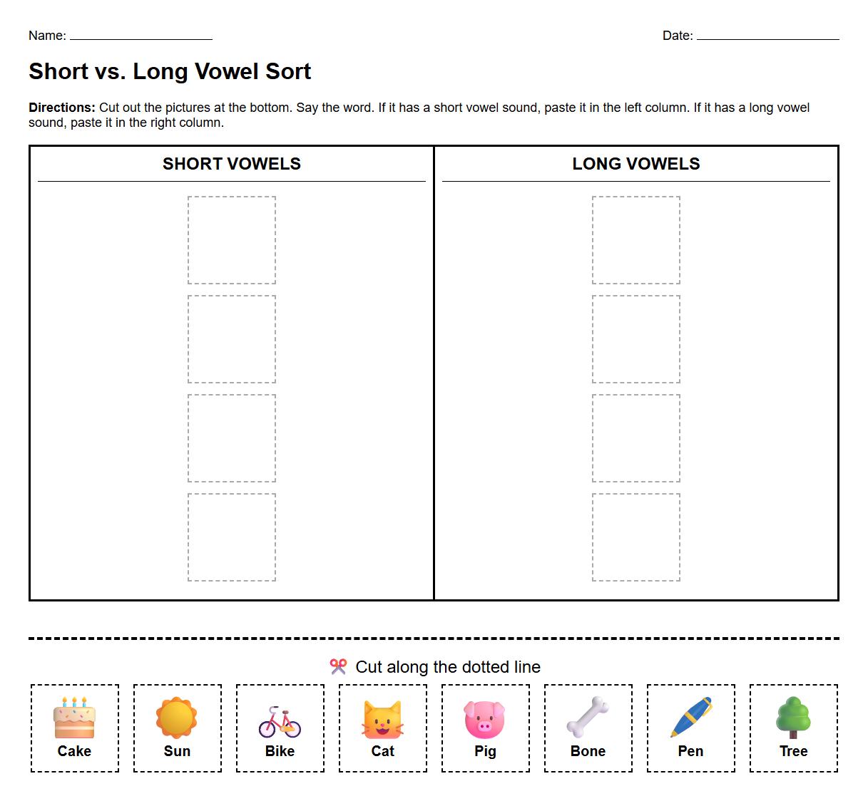 Cut and Paste Short and Long Vowel Words Phonics Task
