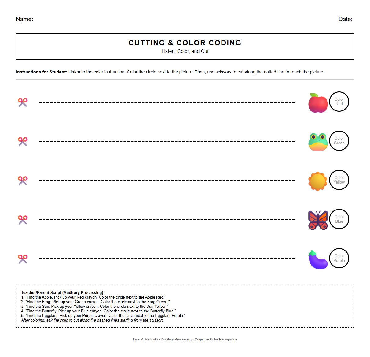 Cutting with Color Coding Auditory Processing Worksheet