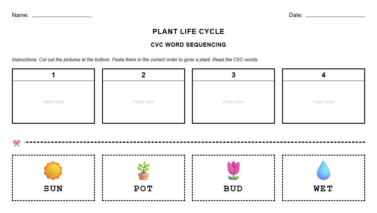 CVC Word Cut and Paste Sequencing Worksheet on Plant Life Cycle