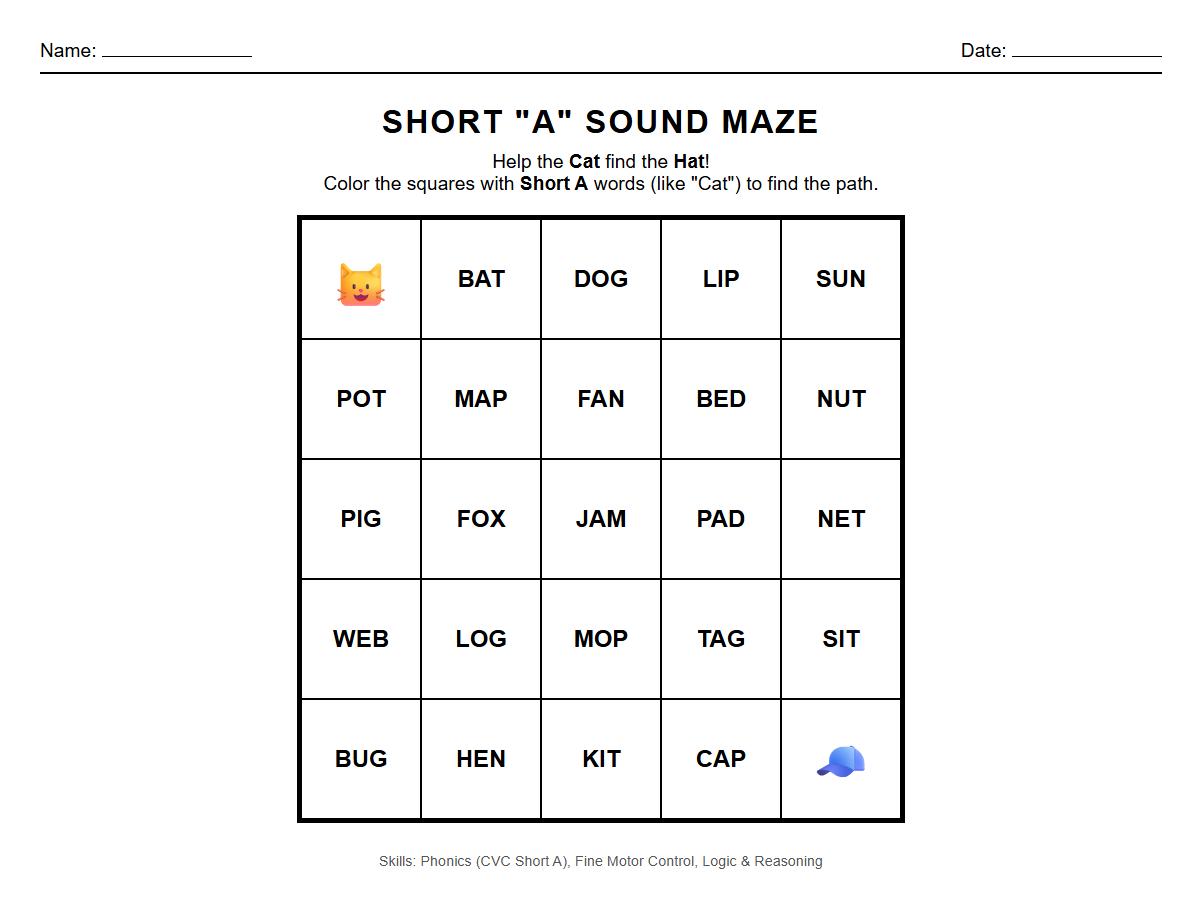CVC Word Phonics Maze with Short A Vowel Sounds