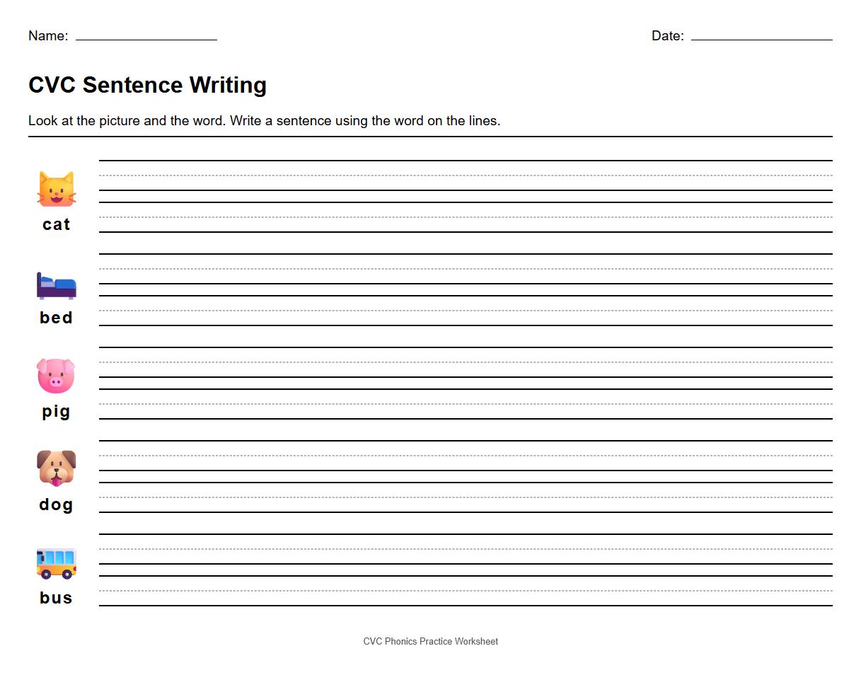 CVC Word Sentence Writing Worksheets for Phonics Practice