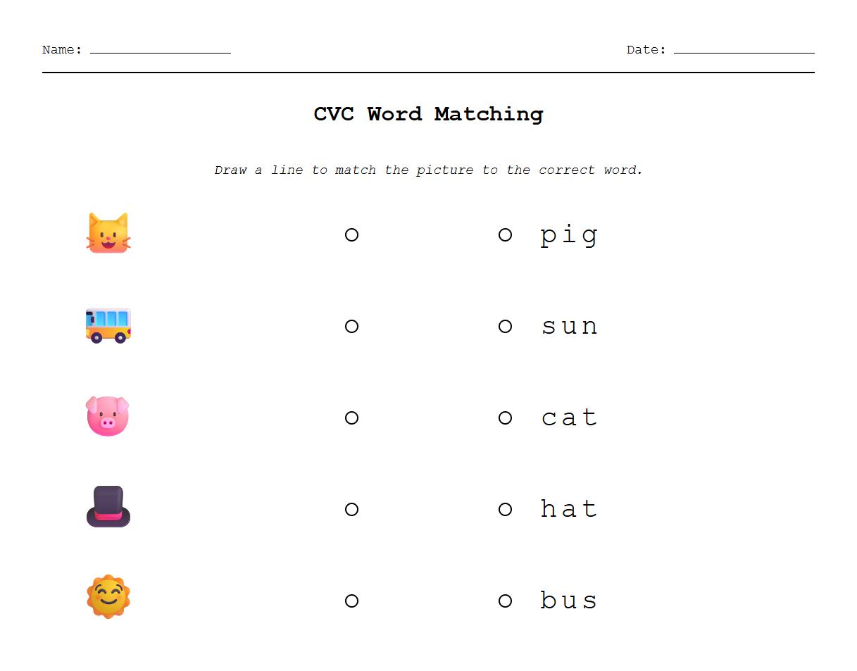 CVC Words Matching with Pictures Activity Sheet