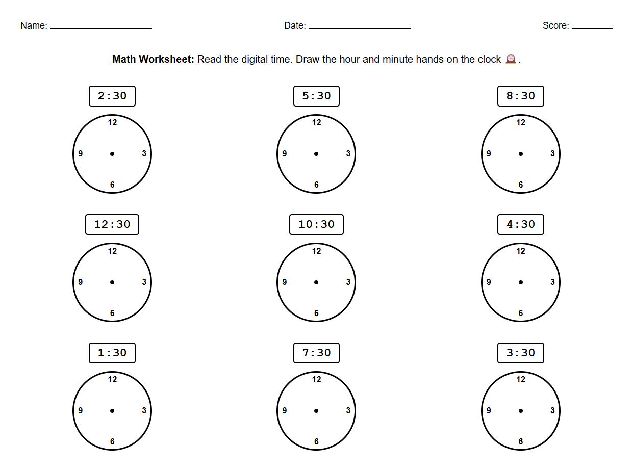 Digital to Analog Clock Conversion Worksheet for Half Hour