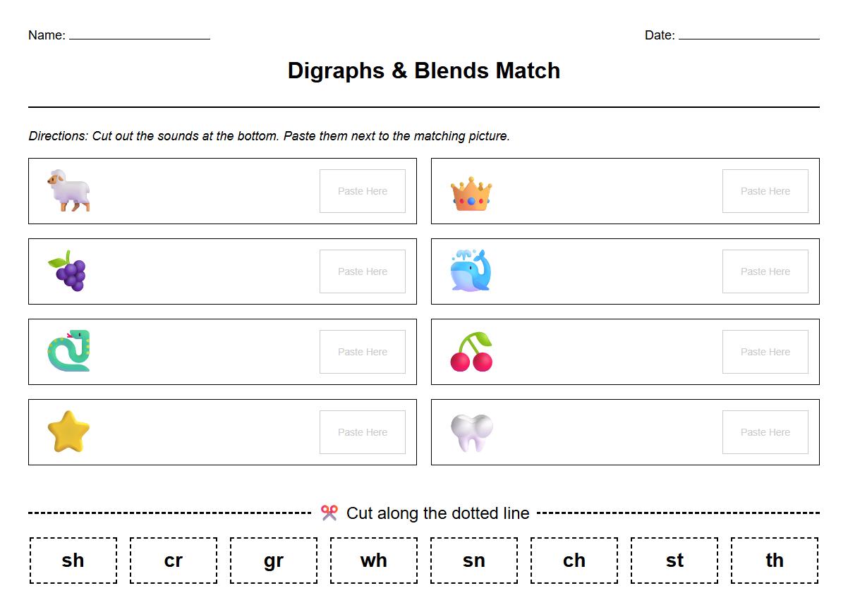 Digraphs and Blends Cut and Paste Matching Sheet