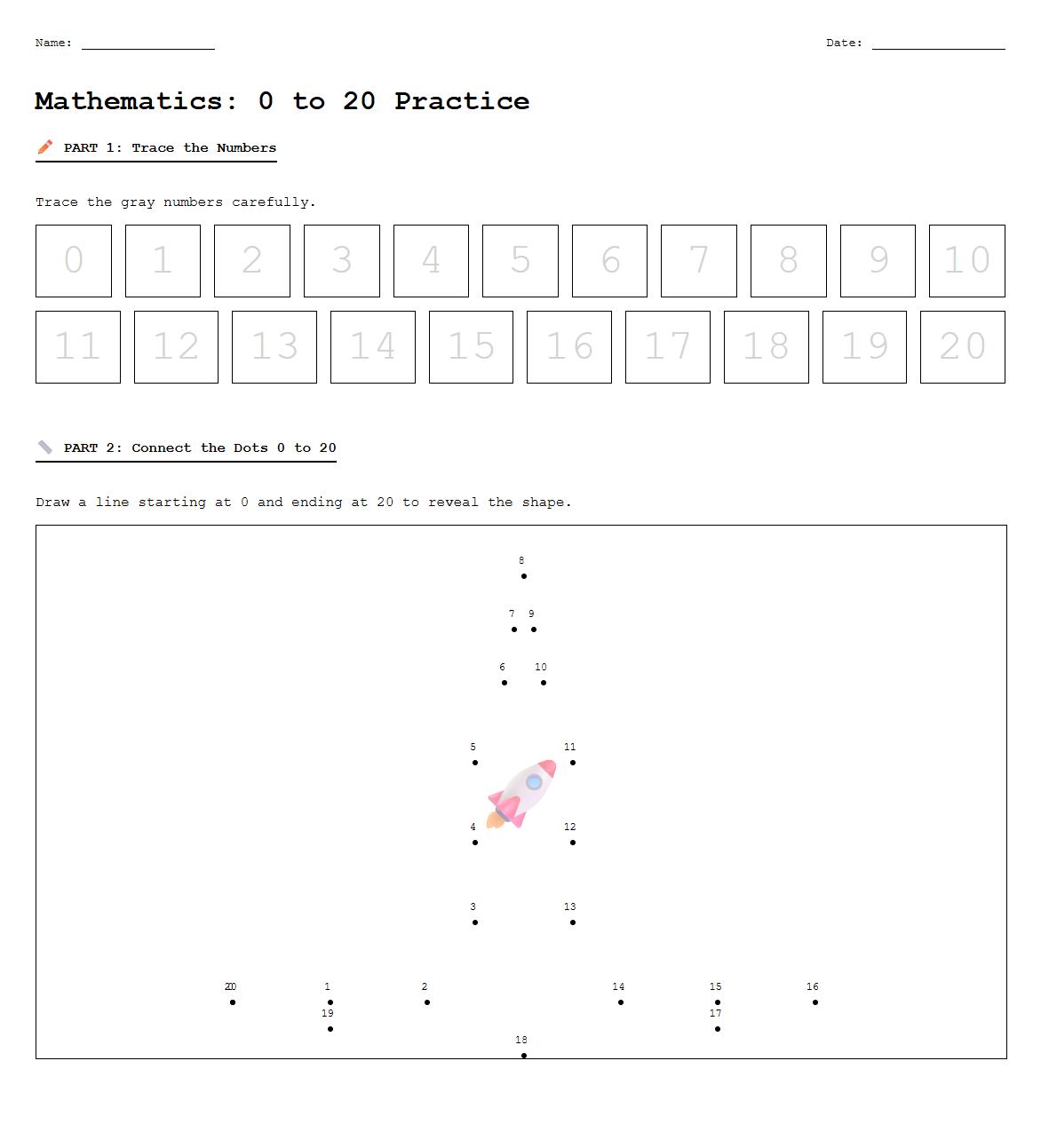 Dot to Dot Number Sequencing and Formation Practice 0 to 20