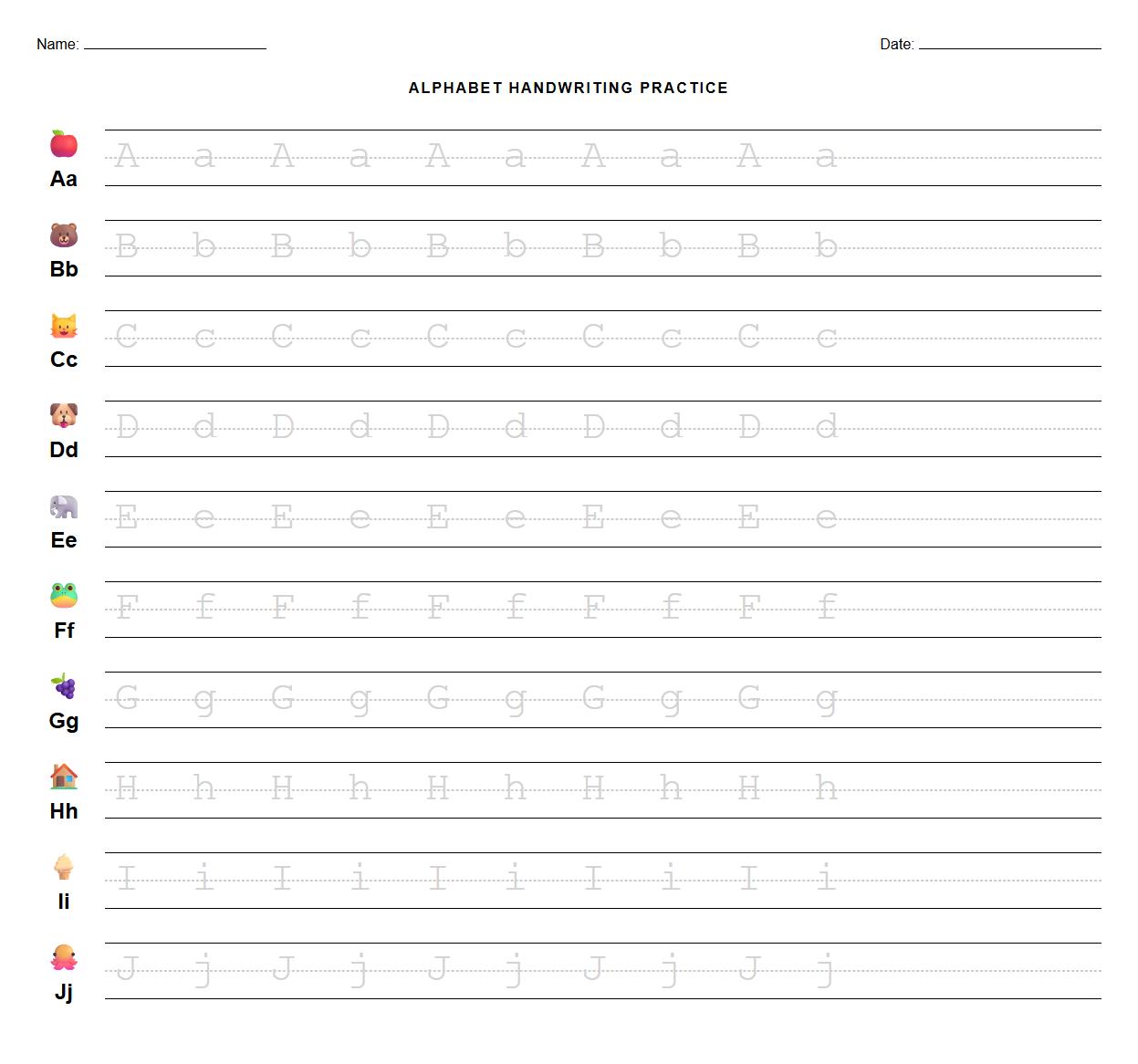 Dotted Line Alphabet Handwriting Practice Worksheet