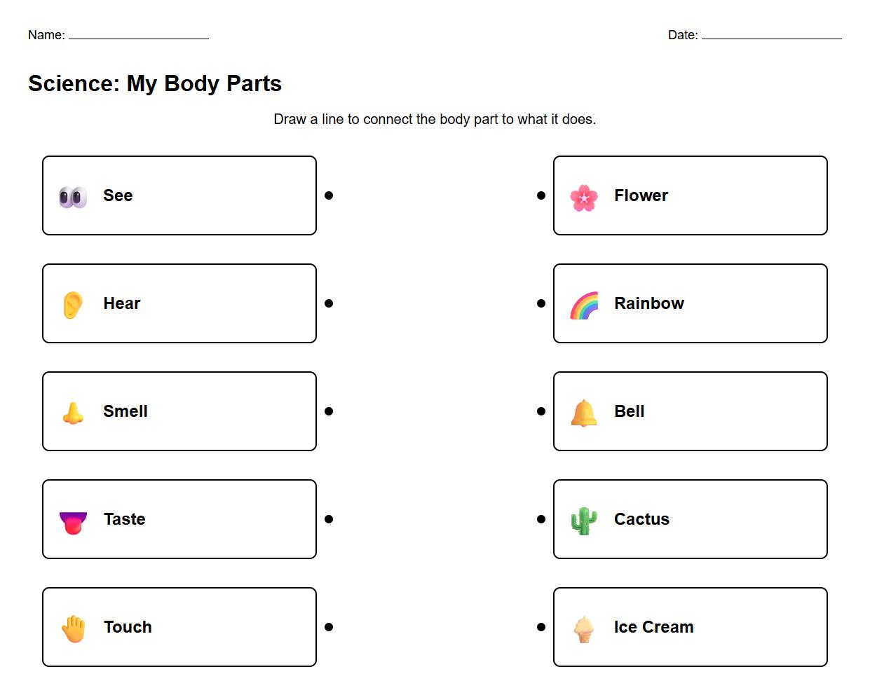 Draw Lines to Match Body Parts with Functions graphic organizer