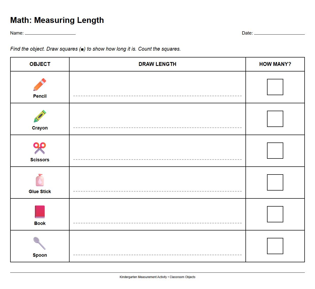 Draw to Measure Length Activity with Classroom Objects