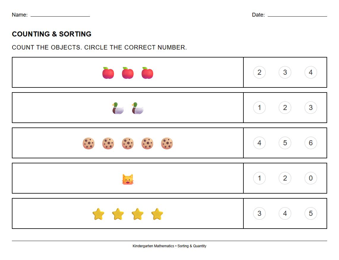 Early Learner Phonics Worksheet Sorting Objects by Quantity