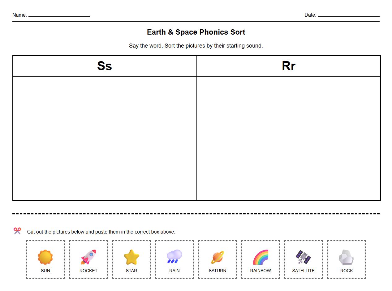 Early Literacy Phonics Sort with Earth and Space Pictures