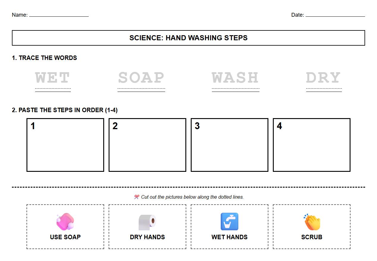 Early Literacy Trace and Sequence Hand Washing Worksheet